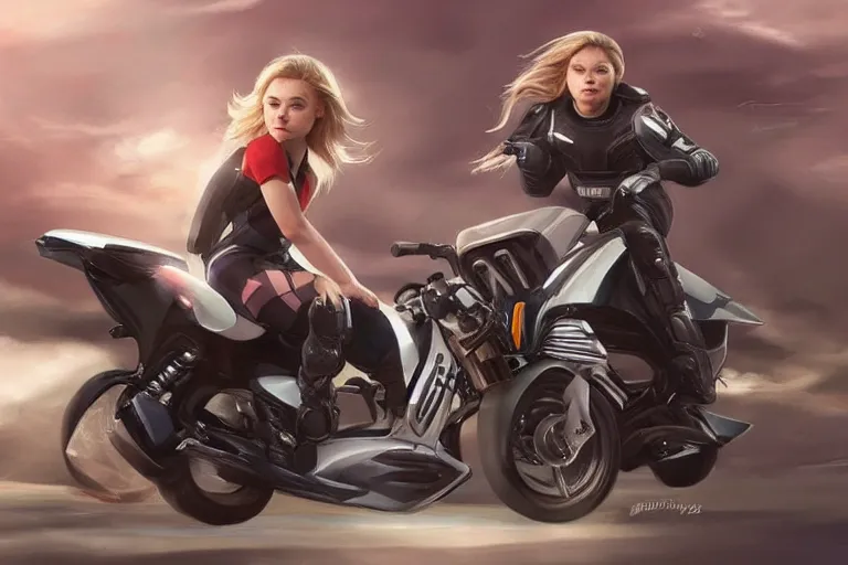 Prompt: chloe grace moretz is riding a motorbike, digital painting, artstation, the space background, concept art, by artgerm hyperdetailed trending on artstation trending on deviantart