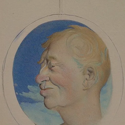 Image similar to dan morris celestial smiling talking moon portrait, side view, surrounded by clouds, illustrated by peggy fortnum and beatrix potter and sir john tenniel