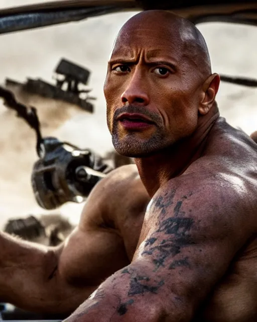 Image similar to film still close up shot of dwayne johnson as max rockatansky in the movie mad max. photographic, photography