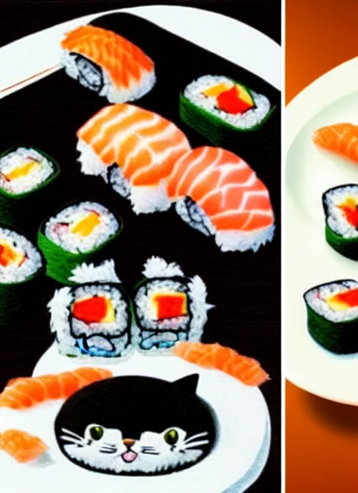 Image similar to clear photorealistic picture of adorable cats made out of sushi