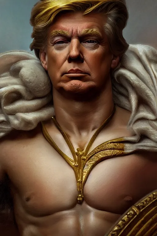 Prompt: President Donald J Trump as a Greek god, detailed face, gorgeous, amazing, muscular, fit, very muscular male body, Caesar victorious, proud Emperor , intricate, highly detailed, digital painting, artstation, concept art, sharp focus, illustration, art by greg rutkowski beeple and alphonse mucha