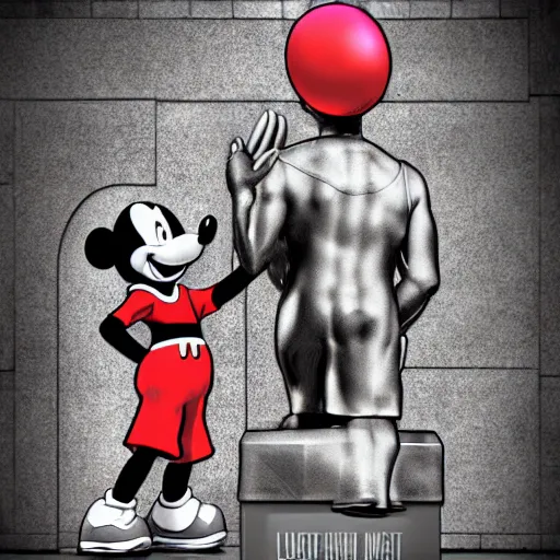 Prompt: Lebron Bowing to a statue of mickey mouse digital art