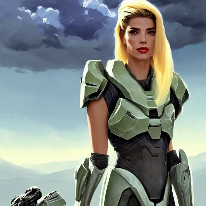 Image similar to A combination of Adriana Dxim's and Grace Kelly's and Ashley Greene's appearances with blonde hair wearing Forerunner armor from Halo, countryside, calm, fantasy character portrait, dynamic pose, above view, sunny day, thunder clouds in the sky, artwork by Jeremy Lipkin and Giuseppe Dangelico Pino and Michael Garmash and Rob Rey and Greg Manchess and Huang Guangjian, very coherent asymmetrical artwork, sharp edges, perfect face, simple form, 100mm