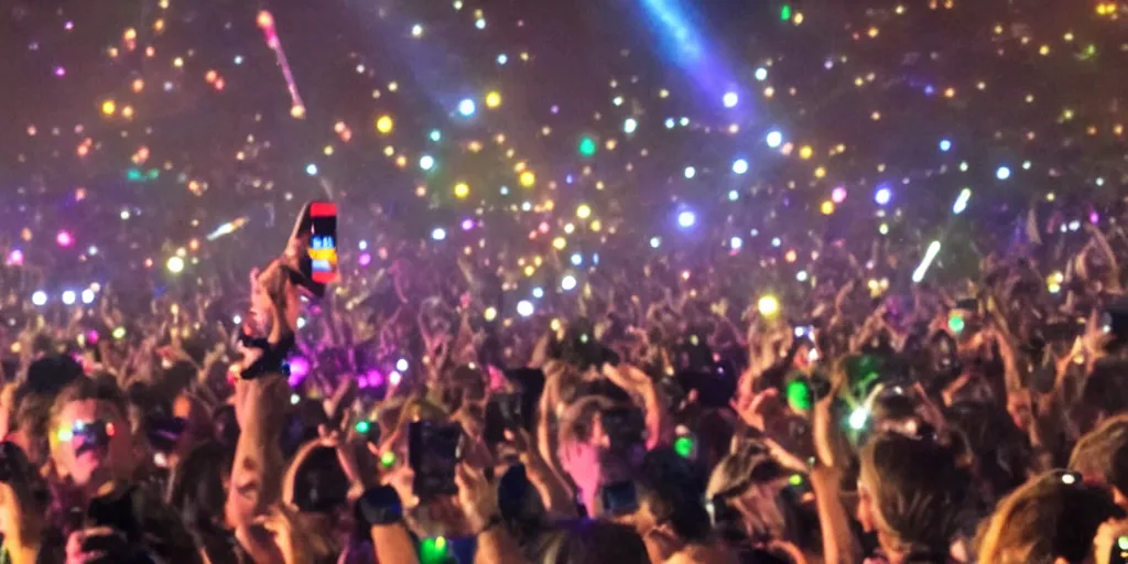 Prompt: a girl on her phone in the middle of the crowd at a huge concert with lazers and visuals