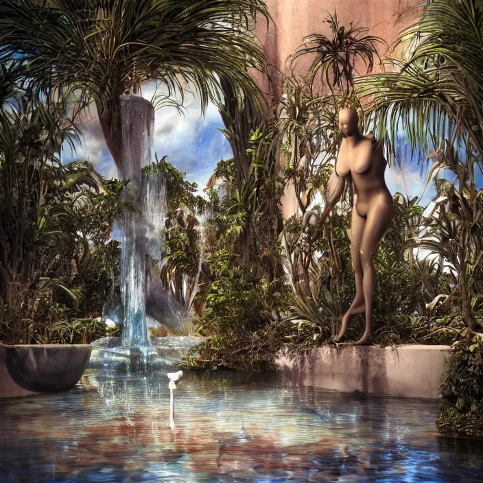 Prompt: hyperrealistic random objects in a surreal minimalistic dreamscape environment by salvador dali, enormous melting mannequin head statue, highly detailed, 3 d render, vray, octane, beautiful lighting, photorealistic, intricate, elegant, wayne barlowe, water, mirrors, doorway, beautiful, masterpiece, trending on artstation, artgerm, checkered floor, palm trees