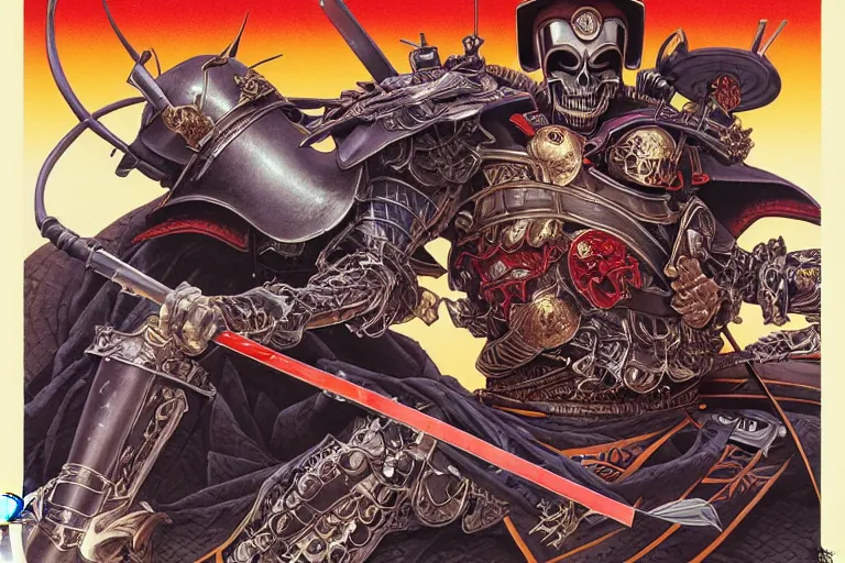 Image similar to poster of crazy skeletor samurai with japanese armor and helmet, by yoichi hatakenaka, masamune shirow, josan gonzales and dan mumford, ayami kojima, takato yamamoto, barclay shaw, karol bak, yukito kishiro