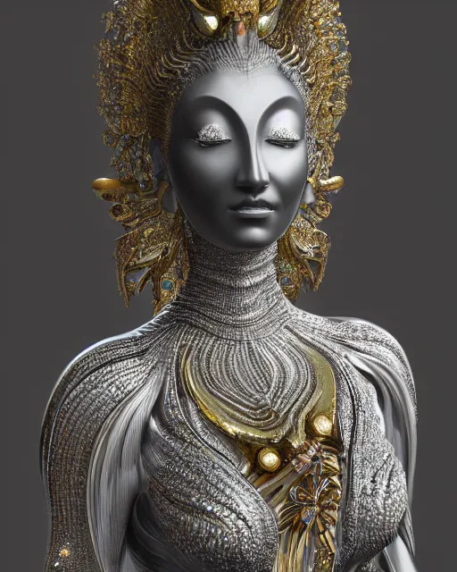 Image similar to a highly detailed metahuman 4 k close up render of an alien goddess bella hadid monument buddha in iris van herpen dress schiaparelli in diamonds crystals swarovski and jewelry iridescent in style of alphonse mucha gustav klimt trending on artstation made in unreal engine 4