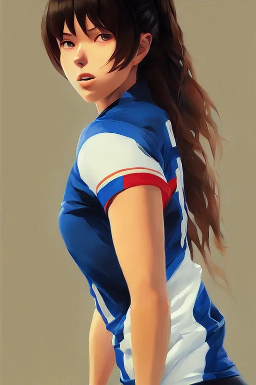 Image similar to a ultradetailed beautiful panting of a stylish woman wearing a volleyball jersey, oil painting, by ilya kuvshinov, greg rutkowski and makoto shinkai