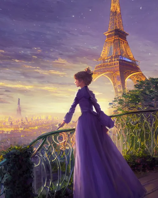 Prompt: over the shoulder landscape painting of violet evergarden, behind are distant lights from paris, eiffel tower, next to the reflecting ocean, nighttime, by vladimir volegov and Philipp A. Urlich and Pengzhen Zhang and Andreas Rocha, fantasy, intricate, elegant, highly detailed, digital painting, artstation, blender, unreal engine 5, octane render, smooth, sharp focus, illustration