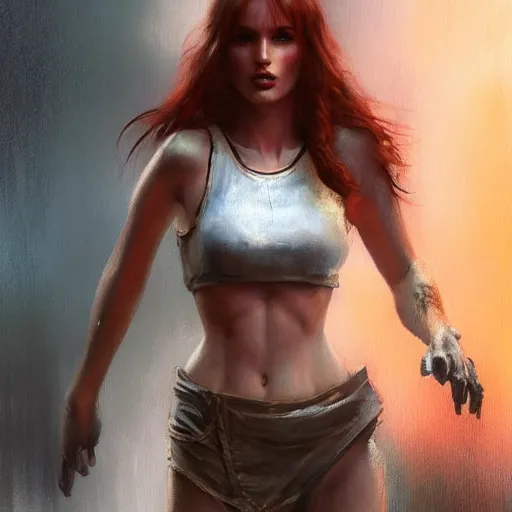 Image similar to bella thorne wearing crop top, hyperrealistic full figure, bladerunner street alley, art of elysium by frank frazetta and by jeremy mann, fantasy art, photo realistic, dynamic lighting, artstation, full figure poster, volumetric lighting, very detailed face, 4 k, award winning