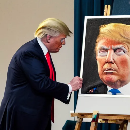 Image similar to donald trump painting a self portrait on the canvas