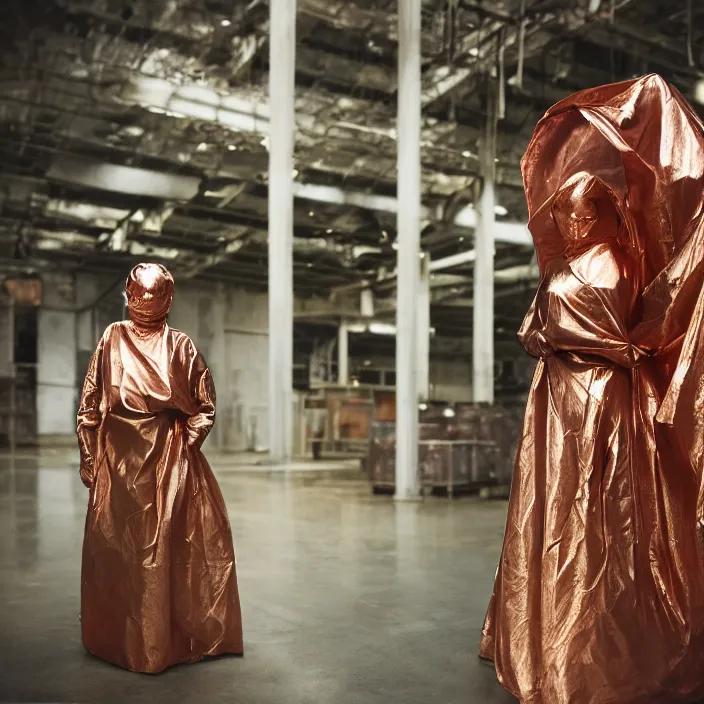 Prompt: closeup portrait of a woman wrapped in copper cellophane, standing in an abandoned factory, color photograph, by paula rego, canon eos c 3 0 0, ƒ 1. 8, 3 5 mm, 8 k, medium - format print