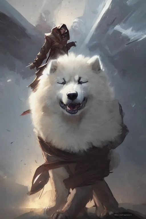 Image similar to comic book cover. heroic samoyed dog in mage clothes by greg rutkowski, trending on artstation