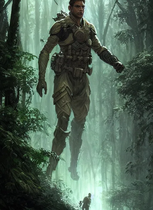 Image similar to a handsome male sci-fi solider exploring a magical rain forest, D&D, fantasy, intricate, cinematic lighting, highly detailed, digital painting, artstation, concept art, smooth, sharp focus, illustration, art by Terry Moore and Greg Rutkowski and Alphonse Mucha