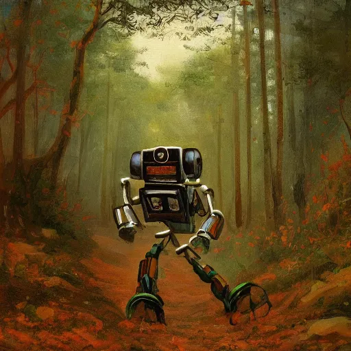 Image similar to a beautfiul painting of a robot running througj a forest,8k