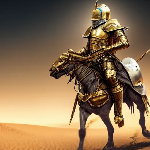 Image similar to Realistic photo of the king of the Desert in Battle, Knight with a golden helmet and a Silver Armour, Sand, Heroic Battle Scene, dark fantasy, intricate, cinematic lighting, highly detailed, digital art, trending on Artstation, 8k, photorealistic