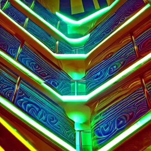 Prompt: dreampool rooms, neon ceramic tiles, spiraling stairs, blue sunlight coming through columns of neon emerald