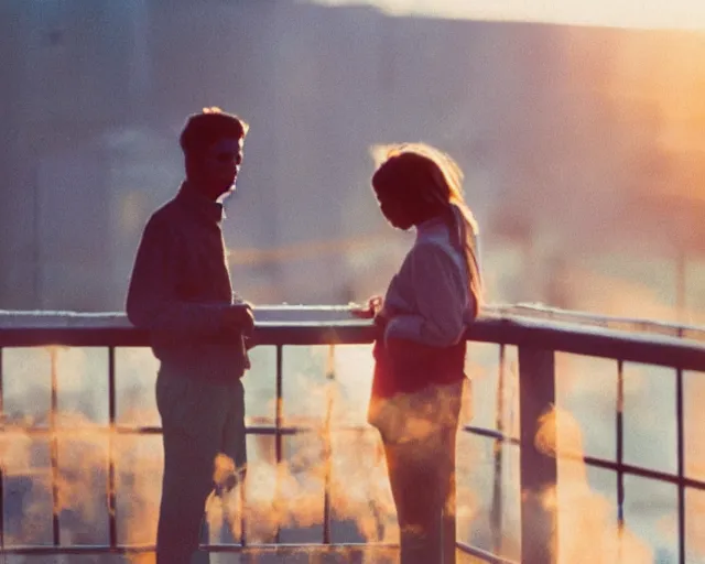 Prompt: lomo photo of pair standing on small hrushevka balcony full with cigarette smoke in small russian town looking at sunset, cinestill, bokeh