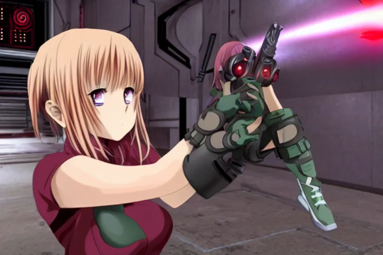 Image similar to an anime girl in a screenshot of the video game doom, the anime girl is crouching