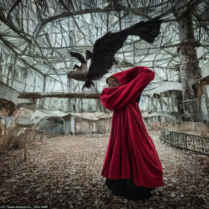 Image similar to a woman wearing a cloak made of birds, in an abandoned theme park, by omar z. robles, canon eos c 3 0 0, ƒ 1. 8, 3 5 mm, 8 k, medium - format print