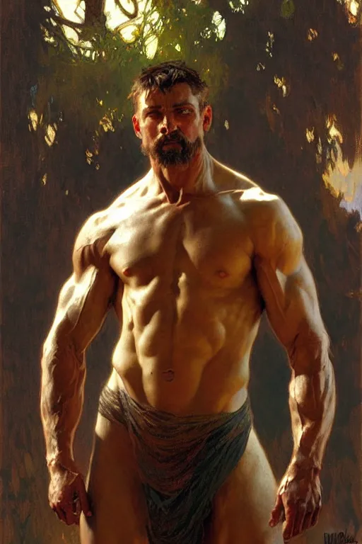 Image similar to muscular man, painting by gaston bussiere, craig mullins, greg rutkowski, alphonse mucha