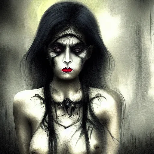 Image similar to a woman with yellow eyes and black hair, a detailed matte painting by basuki abdullah, deviantart, gothic art, demonic photograph, horror film, dark