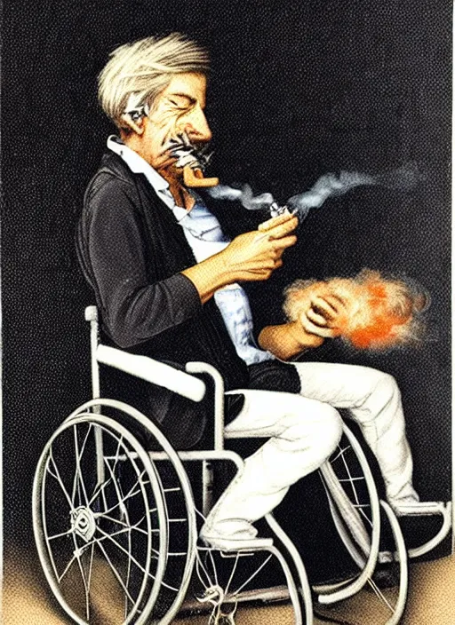 Image similar to timothy chamelet smoking a joint sitting in a wheel chair, photo, realistic