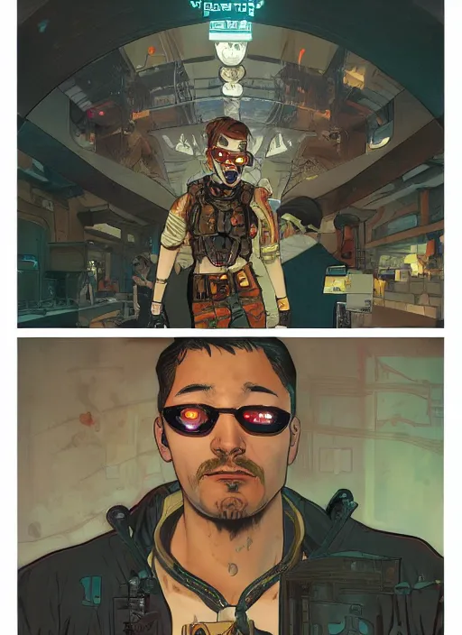 Image similar to cyberpunk hot dog salesman. portrait by ashley wood and alphonse mucha and laurie greasley and josan gonzalez and james gurney. splinter cell, apex legends, rb 6 s, hl 2, d & d, cyberpunk 2 0 7 7. realistic face. character clothing. vivid color. dystopian setting.