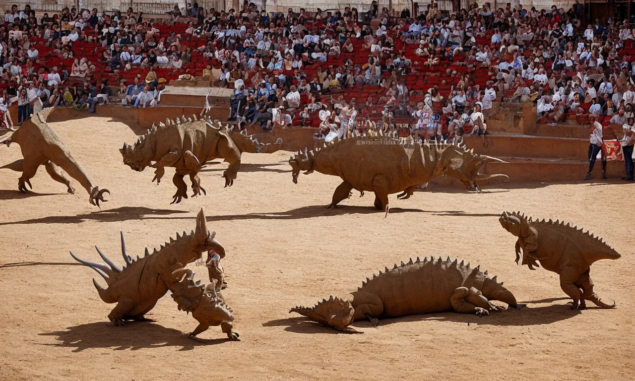 Prompt: a toreador facing off against a horned dinosaur in the plaza de toros, madrid. extreme long shot, midday sun, kodachrome