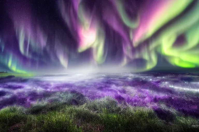 Image similar to fantasy land, dark aurora borealis, mist, swirls f clouds, atmosperic