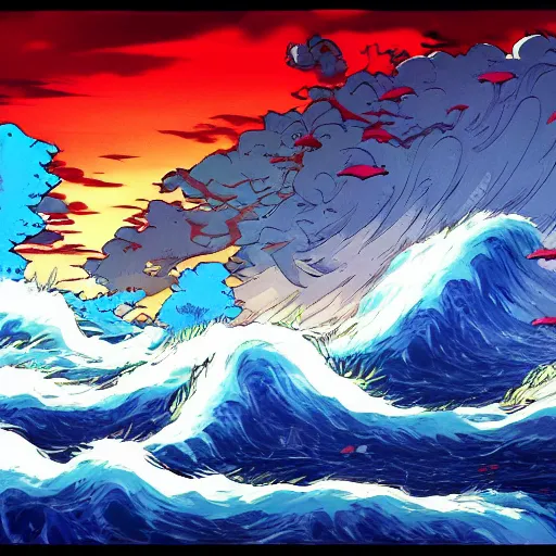 Premium AI Image | anime style a painting of rocks with waves crashing  against them