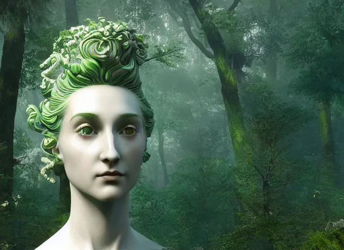 Image similar to an idealistic marble statue with fractal flowery hair and fair porcelain face and green eyes, in a magical forest, painted by, mc escher, gordon onslow ford, georgia o'keeffe and ivan aivazovsky, cinematic light, god rays, colourful, unreal engine, zbrush central,