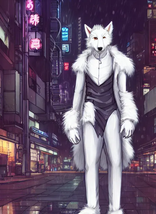 Image similar to character portrait of a male anthro white wolf fursona with a tail and a cute beautiful attractive furry face wearing stylish cyberpunk clothes in a cyberpunk city at night while it rains. hidari, color page, tankoban, 4K, tone mapping, Akihiko Yoshida.