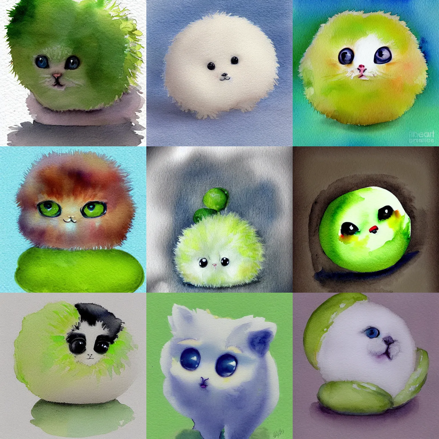 Image similar to lightly lime colored cute puff ball with adorable face, beautiful watercolor illustration, digital art