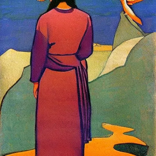 Image similar to Art installation. a woman is shown from behind, her body slightly blurred as if in motion. Her long hair cascades down her back, and she is holding a small bird in her hand. by Nicholas Roerich daring