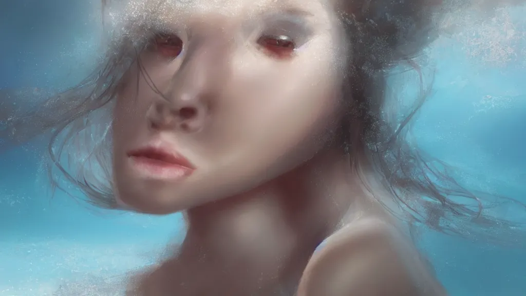 Prompt: a centered wide shot soft painting render of an single lonely transparent nymph in the ocean underwater environment, omnious, elegant, reflections, focus, detailed, realistic eyes, horizontal partial symmetry features proportions, intricate facial skin details, award winning, trending in cgsociety artstation deviant art, octane render