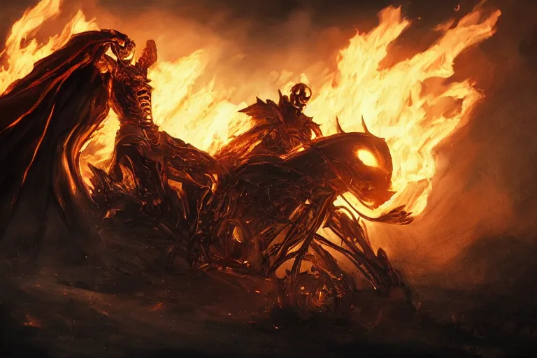 Prompt: Ghost Rider, flaming grim reaper, upper body, dark souls concept art, Feng Zhu concept art, dramatic lighting, highly stylized, trending on artstation, high-quality wallpaper, desktopography