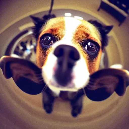 Image similar to Selfie of a dog, first-person view, fisheye lens!!!!!!, photorealistic imagery, trending on artstation, 4k, 8k