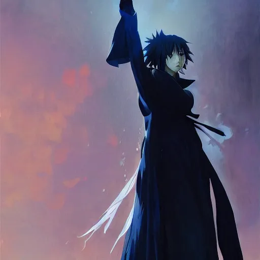 Image similar to anime girl from bleach raising her hand and casting magic, an archetype of death, deep black robe, blue orb, detailed scene, wide shot, intense colors, by Ilya Repin and Greg Rutkowski, artstation