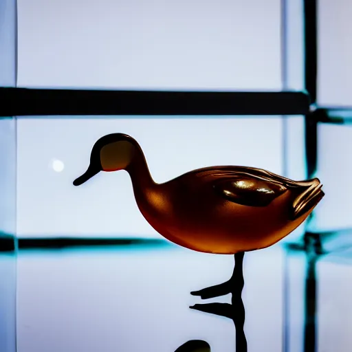 Prompt: a close up photo of a [ gallery room with a transparent! duck made of glass ], professional photography