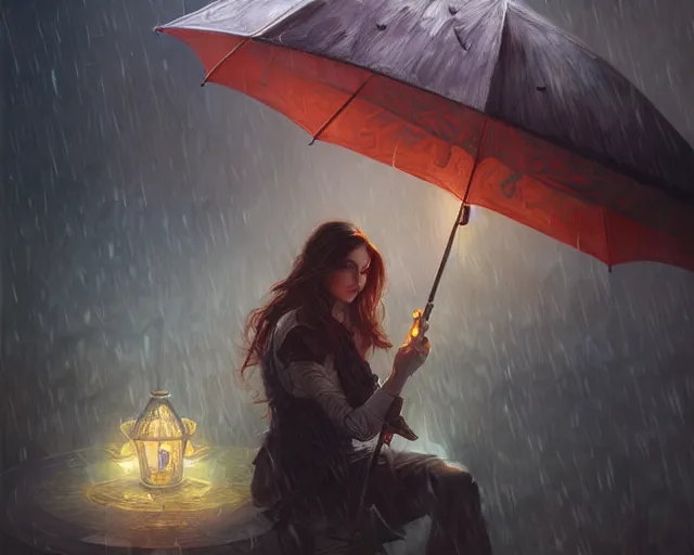 Image similar to umbrella, heavy rain, wind, thunder, reflections, deep focus, d & d, fantasy, intricate, elegant, highly detailed, digital painting, artstation, concept art, matte, sharp focus, illustration, hearthstone, art by artgerm and greg rutkowski and alphonse mucha