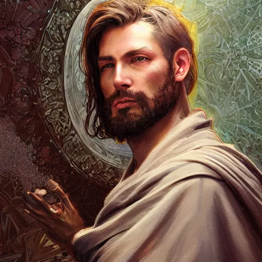 Image similar to highly detailed picture of a man with holes in his robes, religious man wearing clothes with huge rips, destroyed clothes, medieval background, mystic, d & d, fantasy, intricate, elegant, highly detailed, digital painting, artstation, concept art, smooth, sharp focus, illustration, art by artgerm and greg rutkowski and alphonse mucha