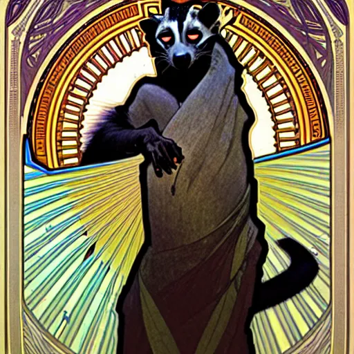 Prompt: An african civet by Alphonse Mucha, Sana Takeda and Julie Dillon