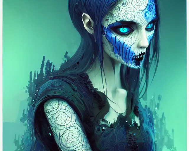 Prompt: funny blue and green eyes goth dark queen of the vampire council, intricate abstract. intricate artwork, by tooth wu, wlop, beeple, dan mumford. concept art, octane render, trending on artstation, greg rutkowski very coherent symmetrical artwork. cinematic, key art, hyper realism, high detail, octane render, 8 k, iridescent accents