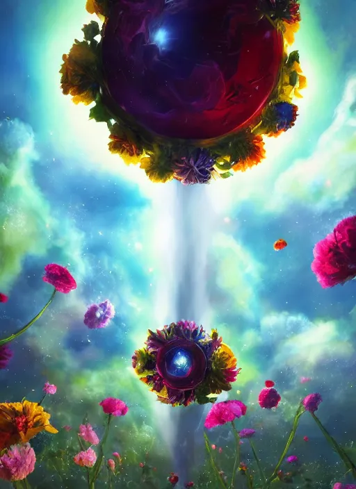 Image similar to An epic fantastic realism comic book style painting of the most beautiful flowers launched into space, bouquets, glorious galactic collision, sharp focus, fisheye, unreal 5, DAZ, hyperrealistic, octane render, dynamic lighting