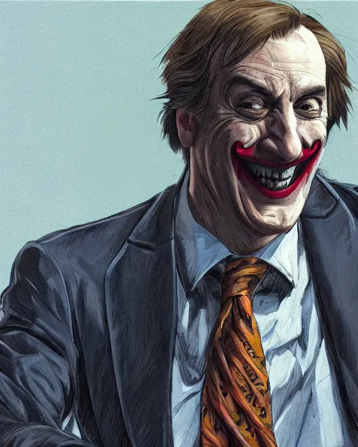 Prompt: portrait of saul goodman as the joker, portrait photography, art by makoto shinkai and peter elson, bernie wrightson