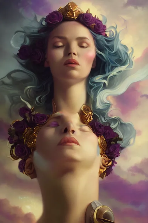 Prompt: the goddess of the sun by Peter mohrbacher, hyper realistic, octane render, stardust in atmosphere, black and purple rose petals , realistic hair, award winning artwork, trending on artstation, high quality printing, fine art with subtle redshift rendering