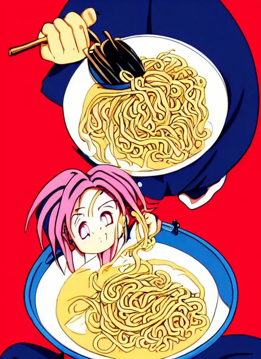 Image similar to anime girl with pink hair eating ramen noodles, black background, by akira toriyama