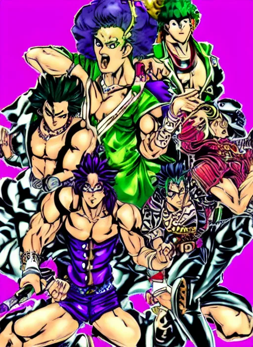 Image similar to jojo stand power based on demoscene chiptune webcore, art by hirohiko araki