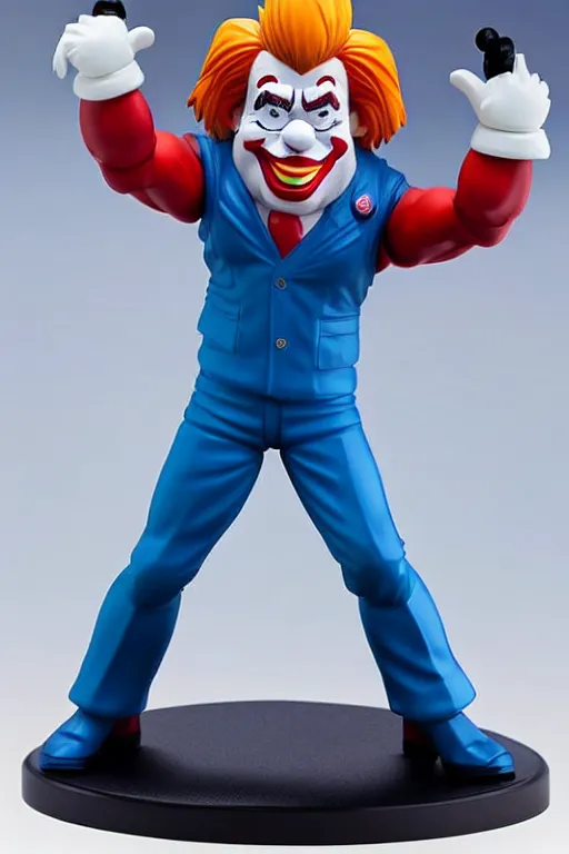 Prompt: still high quality figurine of president bolsonaro as bozo the clown, tsurime eyes, tareme eyes, personification, dynamic pose, detailed product photo, featured on amiami, tone mapped, beautiful composition, 8 5 mm, f. 1 4